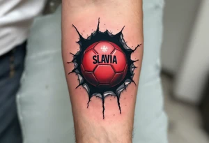 A torn-skin tattoo showing a red soccer ball beneath the skin, emblazoned with the Slavia crest. tattoo idea