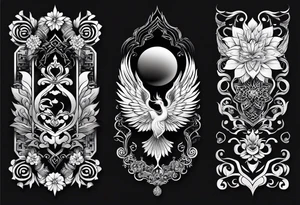 one vertical tattoo that combines lotus flower, phoenix and helix, strength and resilience symbols tattoo idea