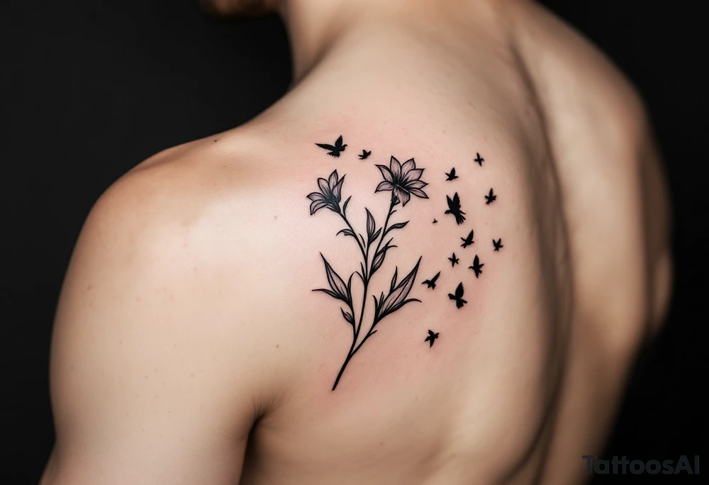 A wood violet blowing in the wind with pedals floating away turning into birds tattoo idea