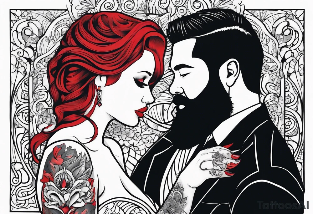 Busty red haired woman with a bearded man who has black hair tattoo idea