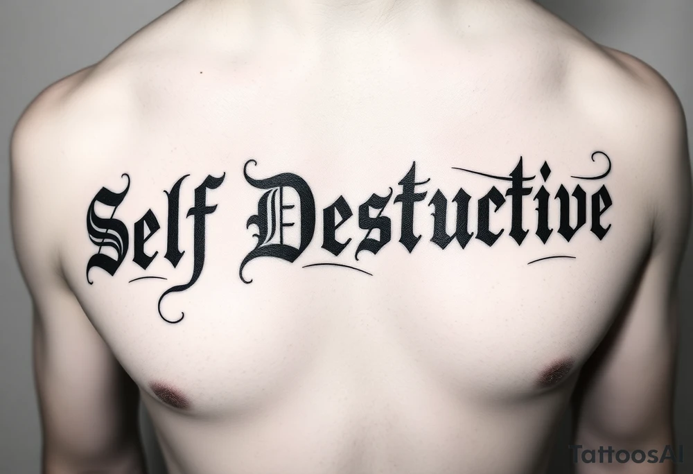 The words Self Destructive in a Chicano/old english font lettering across the chest tattoo idea