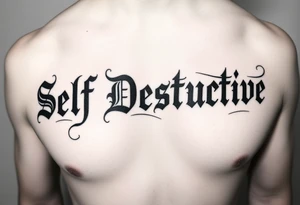 The words Self Destructive in a Chicano/old english font lettering across the chest tattoo idea