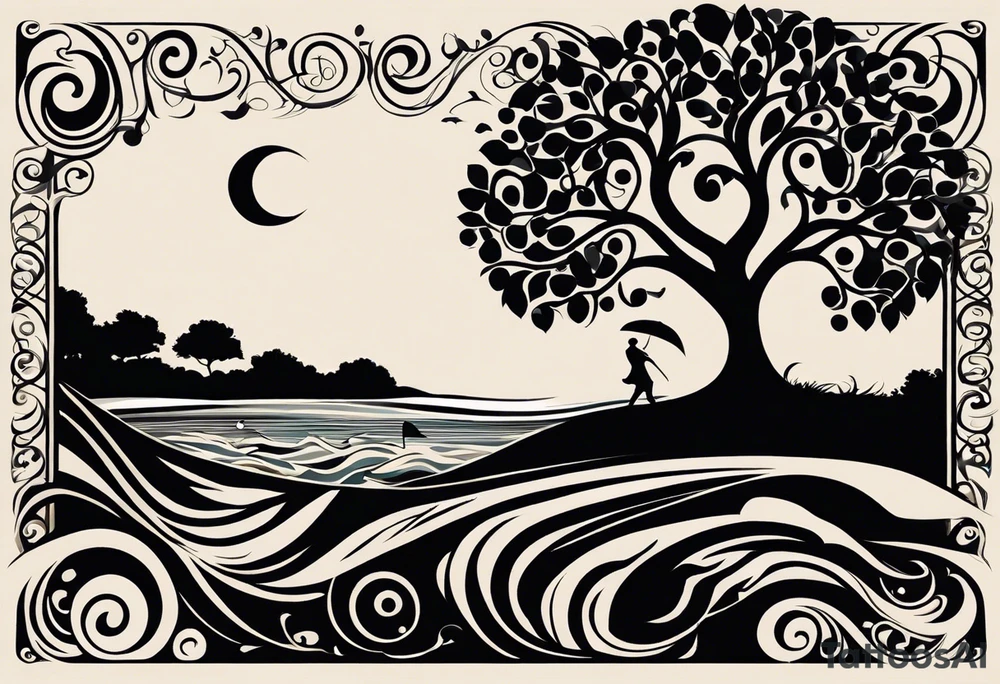 A tattoo design that incorporates the following elements: an abstract tree of life that has roots emerging  from the ground. Waves of water encapsulate the tree and wind around it in an organic way.  Incorporate music.   the letters U and A are overlapping and engraved into the tree. a golf ball incorporated but not prominent. tattoo idea