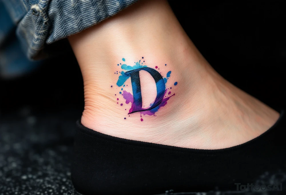 Watercolor Brushstroke D – A bold, free-flowing D painted with vibrant blue and purple watercolor splashes fading outward. tattoo idea