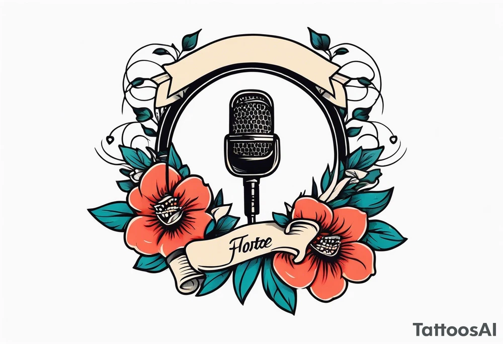 traditional vintage tattoo of mouth singing in microphone simple  flowers and banner
no face tattoo idea