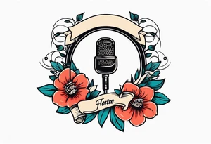 traditional vintage tattoo of mouth singing in microphone simple  flowers and banner
no face tattoo idea
