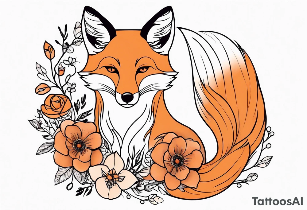 feminin minimalist flowers with fox full body tattoo idea