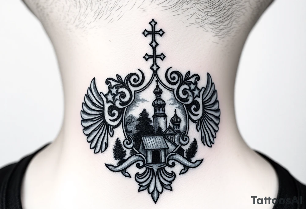 Traditional authentic Russian coat of arms with a Christian orthodox virgin marry in the middle and silhouette in a Russian wilderness Christian orthodoxy dome church village setting on the side of my neck tattoo idea