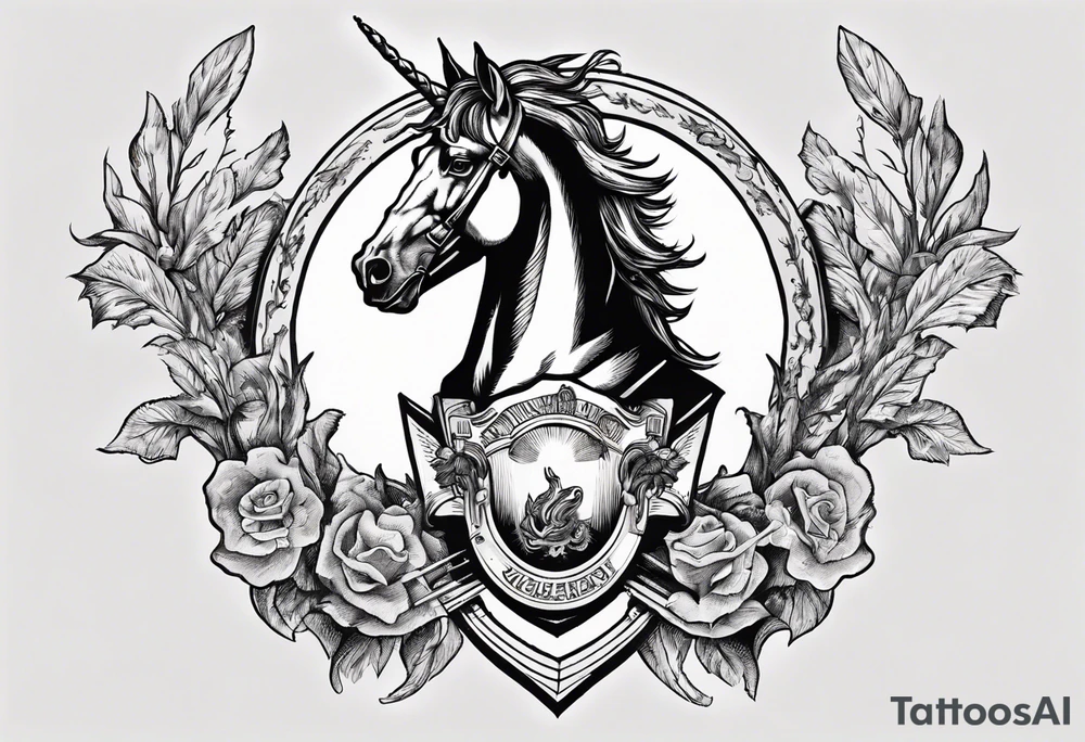 Coat of arms with a thick, tough looking unicorn that is smoking a cigarette and is wearing dark glasses. The horse should be like thicker than a Clydesdale tattoo idea Coat of arms with a thick, tough looking unicorn that is smoking a cigarette and is wearing dark glasses. The horse should be like thicker than a Clydesdale tattoo idea