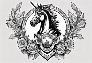 Coat of arms with a thick, tough looking unicorn that is smoking a cigarette and is wearing dark glasses. The horse should be like thicker than a Clydesdale tattoo idea