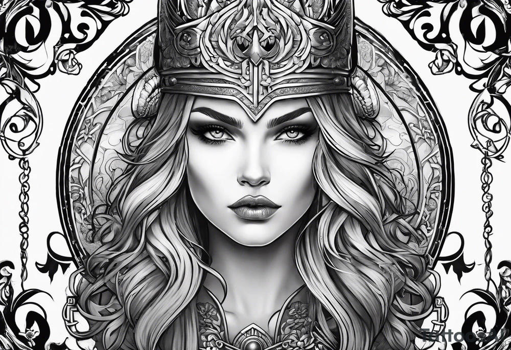 Viking, feminine warrior, bedroom eyes, headshot, princess, round emblem, moon goddess, Gaia, flowers, axes tattoo idea