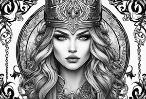 Viking, feminine warrior, bedroom eyes, headshot, princess, round emblem, moon goddess, Gaia, flowers, axes tattoo idea