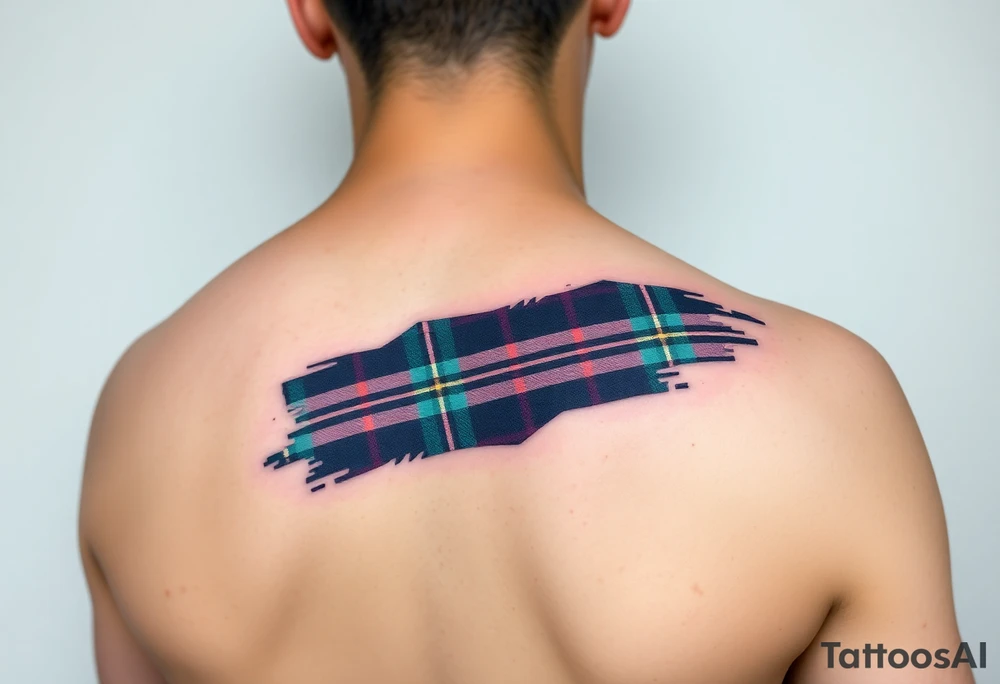 Side of arm Dark Purple with green pink blue and white highlights tartan fabric with skin peeling away at edges tattoo idea