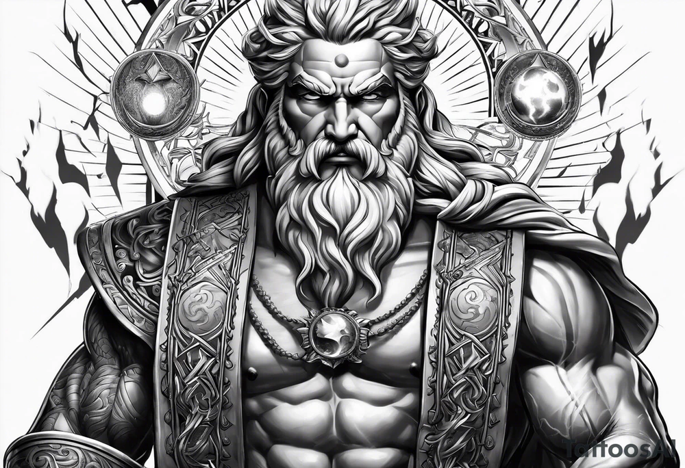 Zeus holding Lightning balls with Lightning eyes asserting dominance tattoo idea Zeus holding Lightning balls with Lightning eyes asserting dominance tattoo idea