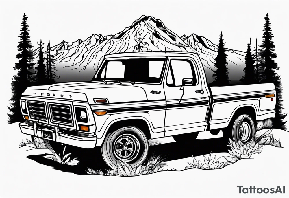 1974 ford f-100 in front of mountains tattoo idea