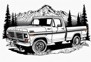 1974 ford f-100 in front of mountains tattoo idea