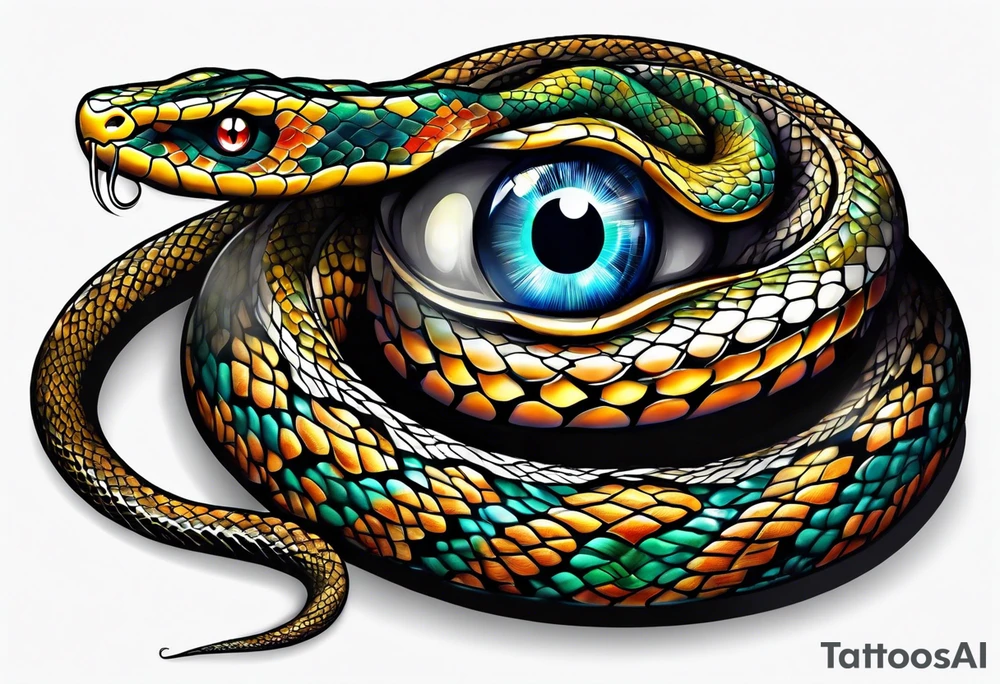 Snake with an evil eye in its mouth tattoo idea