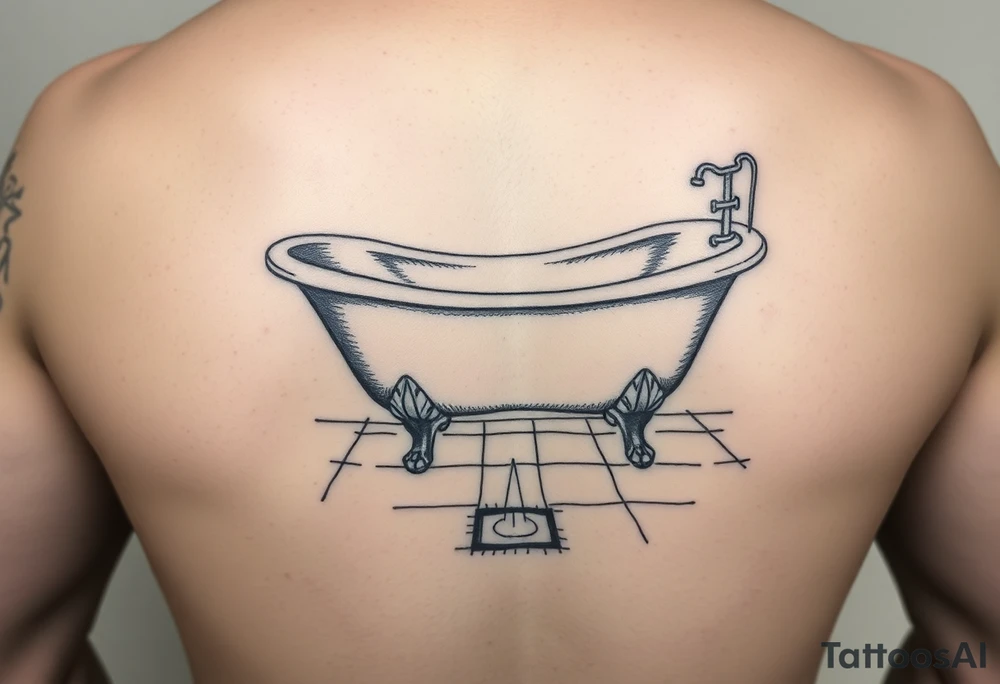clawfoot bathtub on a tile floor and light coming up out of a small crack on the floor tattoo idea