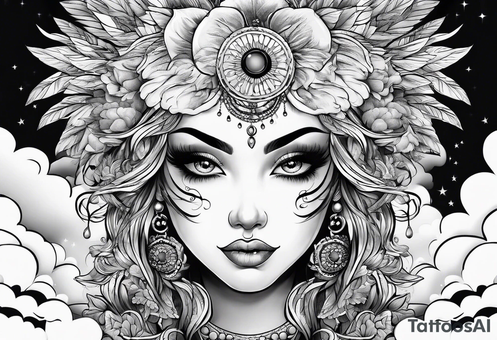 Face with eyes with background and clouds tattoo idea