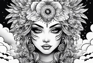 Face with eyes with background and clouds tattoo idea