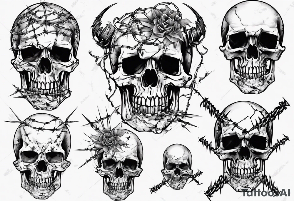 Skull covered in barbed wired tattoo idea