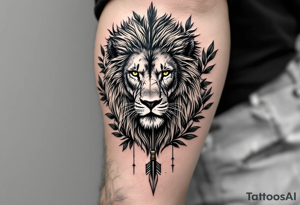 a spiritual lion that come down an arrow and surrounded by a olive tree leaf tattoo idea