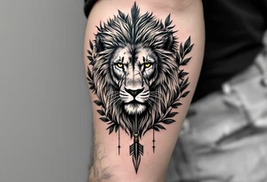 a spiritual lion that come down an arrow and surrounded by a olive tree leaf tattoo idea