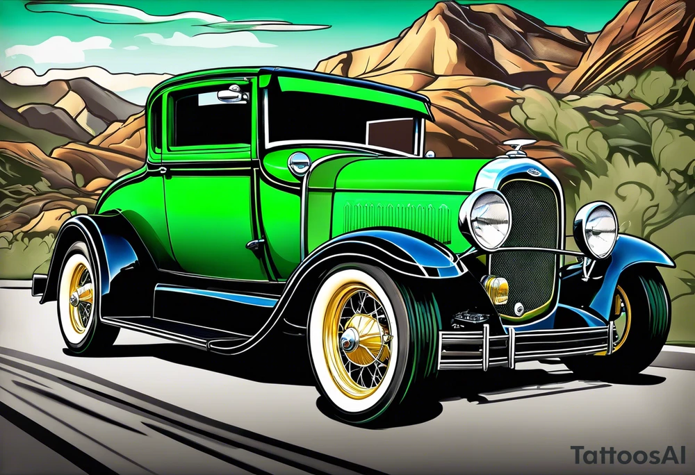 1929 ford coupe green, racing down the road tattoo idea