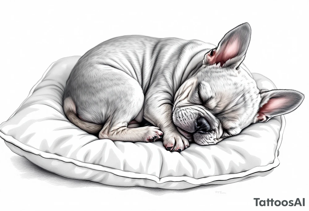 Sleeping French Bulldog puppy curled up in a ball, with light gray fur and subtle cream highlights, set on a cozy pillow. tattoo idea