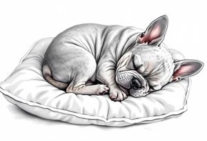 Sleeping French Bulldog puppy curled up in a ball, with light gray fur and subtle cream highlights, set on a cozy pillow. tattoo idea