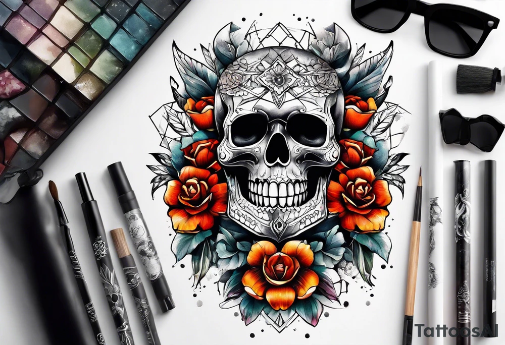 front knee tattoo with flowers & skulls, & water washes, background washes tattoo idea