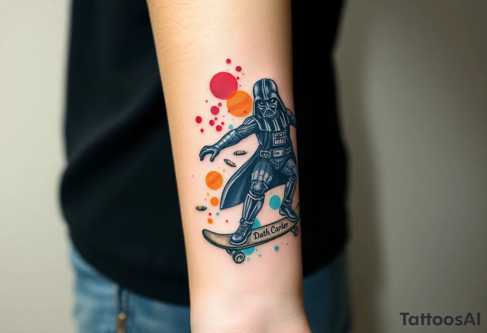 Darth Vader skateboarding > bullets > in loving memory > colors > god
add words "Darth Carter" on skateboard
add date 12/29/88-01/06/24 tattoo idea