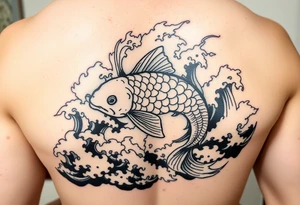 traditional koi fish swimming upstream through turbulent waves tattoo idea