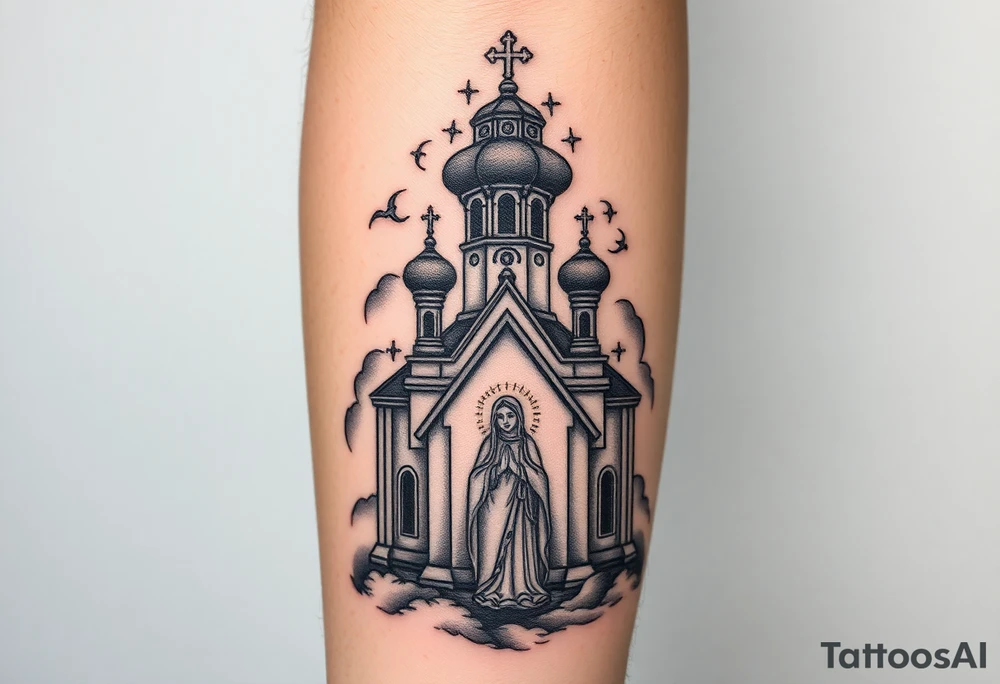 in a dorsal view a orthodox church shrouded with a mist above and fading into a virgin mary overlooking tattoo idea