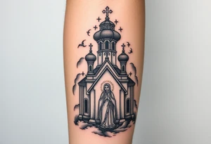 in a dorsal view a orthodox church shrouded with a mist above and fading into a virgin mary overlooking tattoo idea