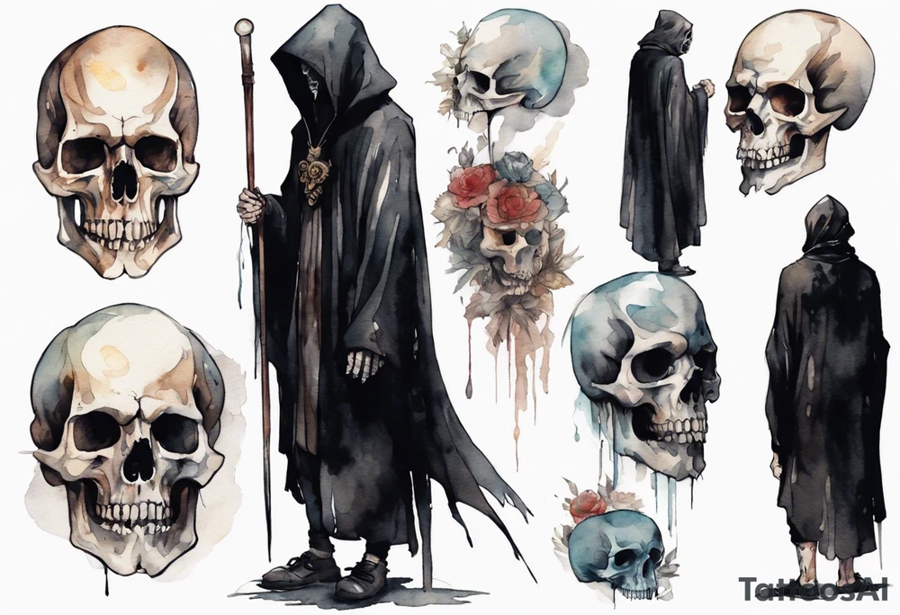 a thin medieval man in a black cloak wearing a skull mask, standing in a gloomy place tattoo idea