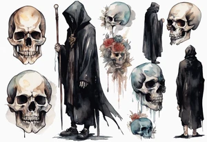 a thin medieval man in a black cloak wearing a skull mask, standing in a gloomy place tattoo idea