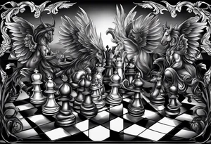 a chessboard with angelic and demonic chess pieces engaged in a strategic game, symbolizing the eternal battle between opposing forces. tattoo idea