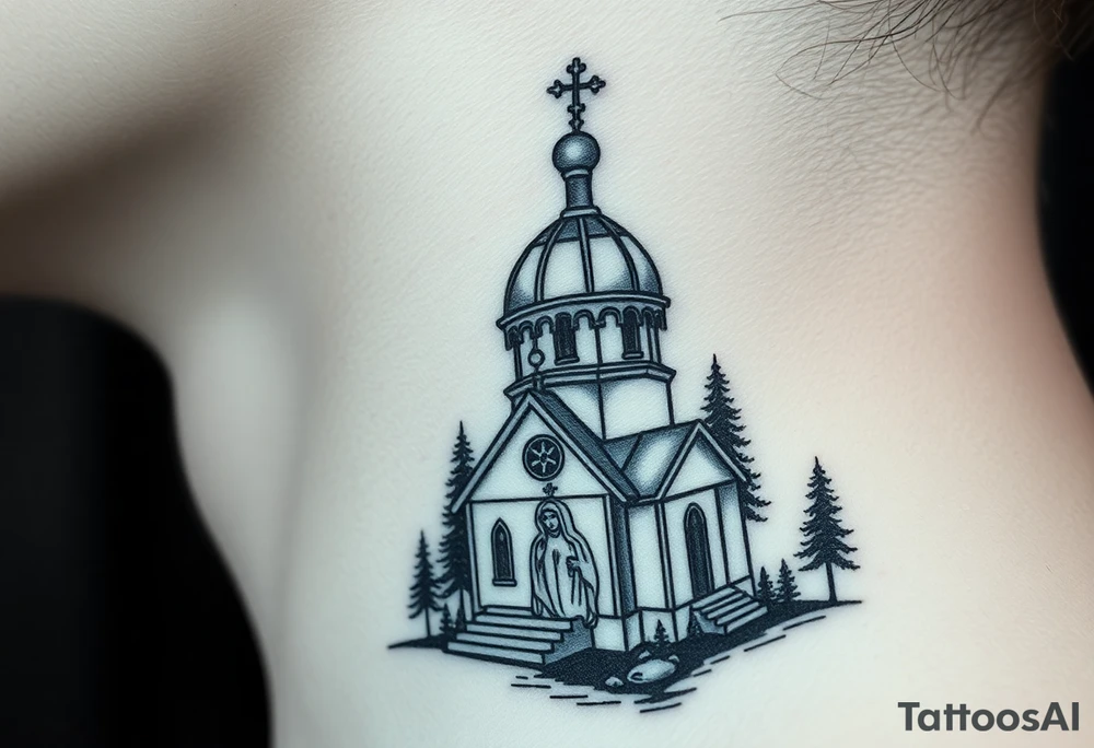Traditional russian orthodox bulb dome church in a wilderness setting with a prominent orthodox style virgin mary tattoo idea