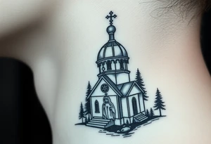 Traditional russian orthodox bulb dome church in a wilderness setting with a prominent orthodox style virgin mary tattoo idea