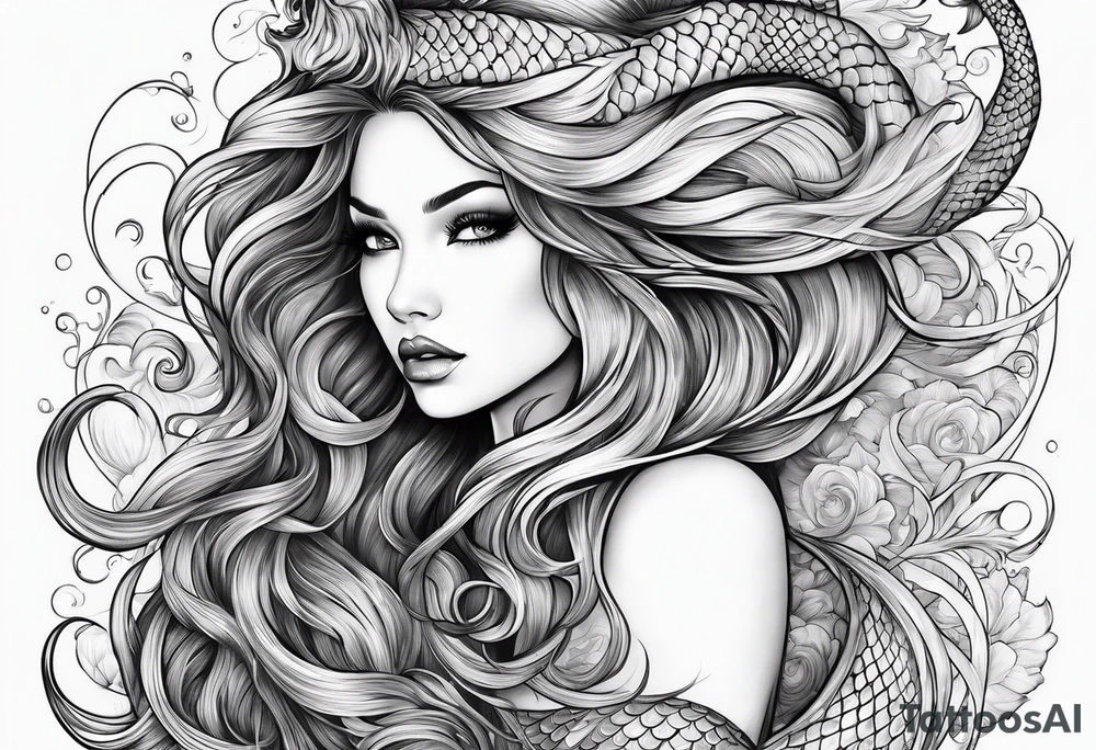mystical sultery
 mermaid with long 
flowing tail and hair, tattoo sleeve tattoo idea