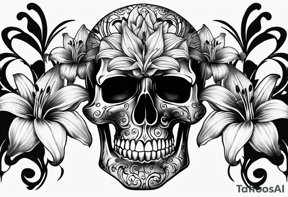 black and white skull with lilies intricate detail tattoo idea