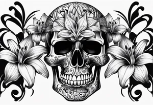 black and white skull with lilies intricate detail tattoo idea
