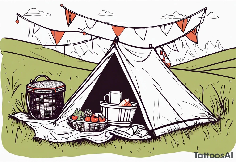 picnic scene on a meadow with a blanket on the ground with one picnic-basket, one backpack, pillows and party pennants. Thin lines. tattoo idea