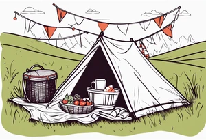 picnic scene on a meadow with a blanket on the ground with one picnic-basket, one backpack, pillows and party pennants. Thin lines. tattoo idea