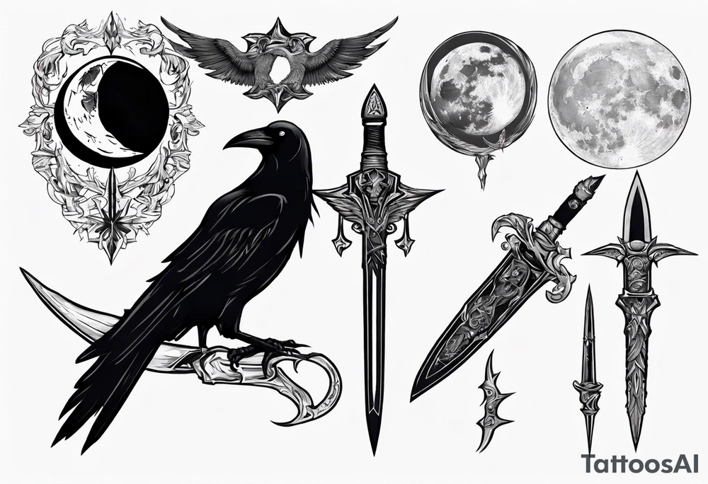 Raven , dagger , moon tattoo idea