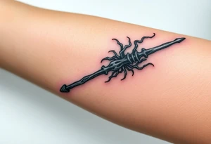 A Death Eater wand with a bone-like structure, emitting dark magical tendrils tattoo idea