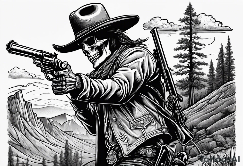 skeleton with a cowboy hat, holding a revolver, in the background there's a western hill and a man on a horseback tattoo idea