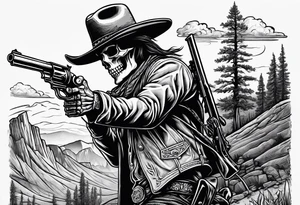 skeleton with a cowboy hat, holding a revolver, in the background there's a western hill and a man on a horseback tattoo idea