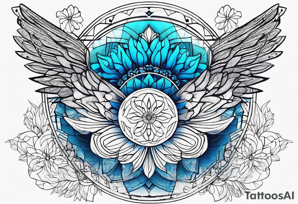 Linear minimalistic metatron , with abstract floral patern in blue linear design tattoo idea